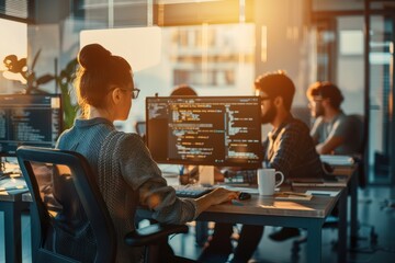 diverse software testing team collaboratively working in a sunlit modern office on a complex applica