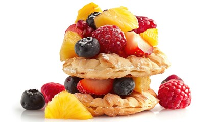 Canvas Print - A plate of stacked waffles topped with various fruits, perfect for breakfast or brunch