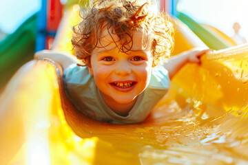 Smiling curly-haired child sliding down a wet slide on a sunny day, capturing the joy and excitement of outdoor play and childhood fun