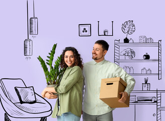 Sticker - Happy couple imagining interior of new house on moving day