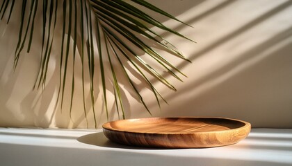 Wall Mural - Serene home interior with wooden plate and shadow of a palm leaf