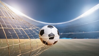 Soccer ball hitting the net at a night game with stadium lights