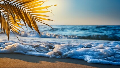 Wall Mural - Tropical beach vibes with palm leaves and ocean waves on yellow background