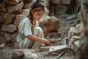 Little girl in vintage clothes plays among the stones of an old ruin, evoking a sense of history and childhood innocence