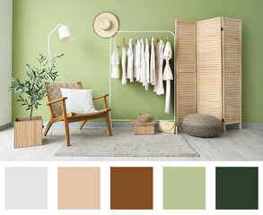 Wall Mural - Rack with stylish clothes, armchair and folding screen near green wall in room. Banner for design