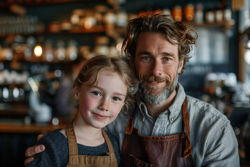 Wall Mural - Caucasian father and daughter hugging each other in his coffee shop.