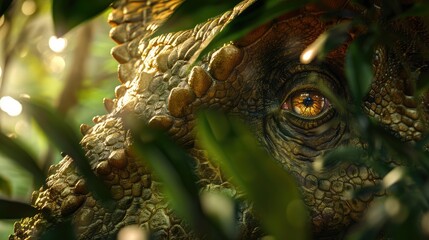 Wall Mural - AI-generated majestic dinosaurs in a prehistoric landscape. Eye close-up. Vivid colors and intricate details bring these ancient creatures to life.