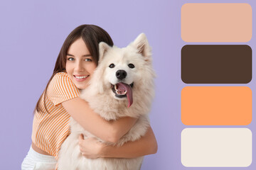 Beautiful woman with cute dog on color background