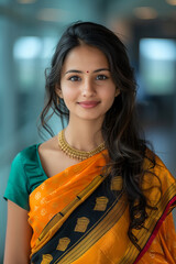 Poster - Indian business woman wearing a sari working in the office.