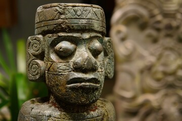 Wall Mural - Closeup of weathered ancient mayan stone statue, a detailed and textured artifact showcasing the traditional craftsmanship of the precolumbian mesoamerican culture