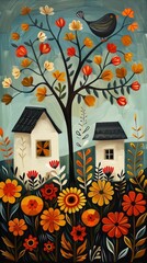 Scandinavian folk art painting. Handmade work. Traditions