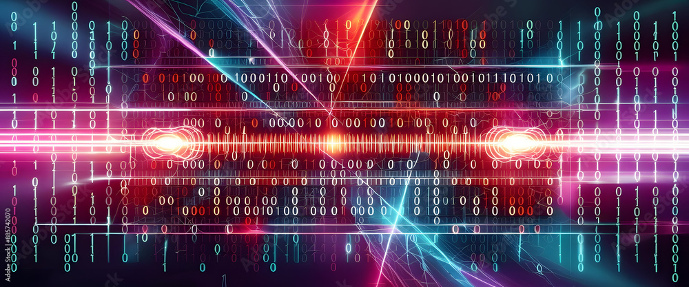 Abstract image blending binary code with high-tech elements like lasers ...