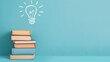 © ArtStockVault - Stack of Books with Lightbulb Doodle on Blue Background Representing Knowledge, Ideas, Education, and Creativity