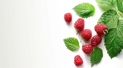 Wall Mural - Fresh raspberries and leaves arranged on a clean white surface, great for food or nature photography