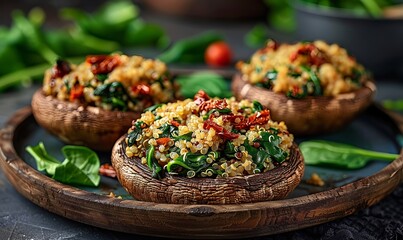 Wall Mural - Stuffed portobello mushrooms with quinoa, spinach, and sun-dried tomatoes