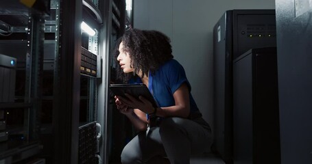 Canvas Print - Woman, tablet and inspection in data center as software engineer and technician for database update in server room. Contractor, tech service or system administration or it infrastructure for network