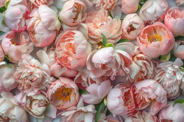 Wall Mural - Beautiful pastel pink cream flowers, dense peonies background.