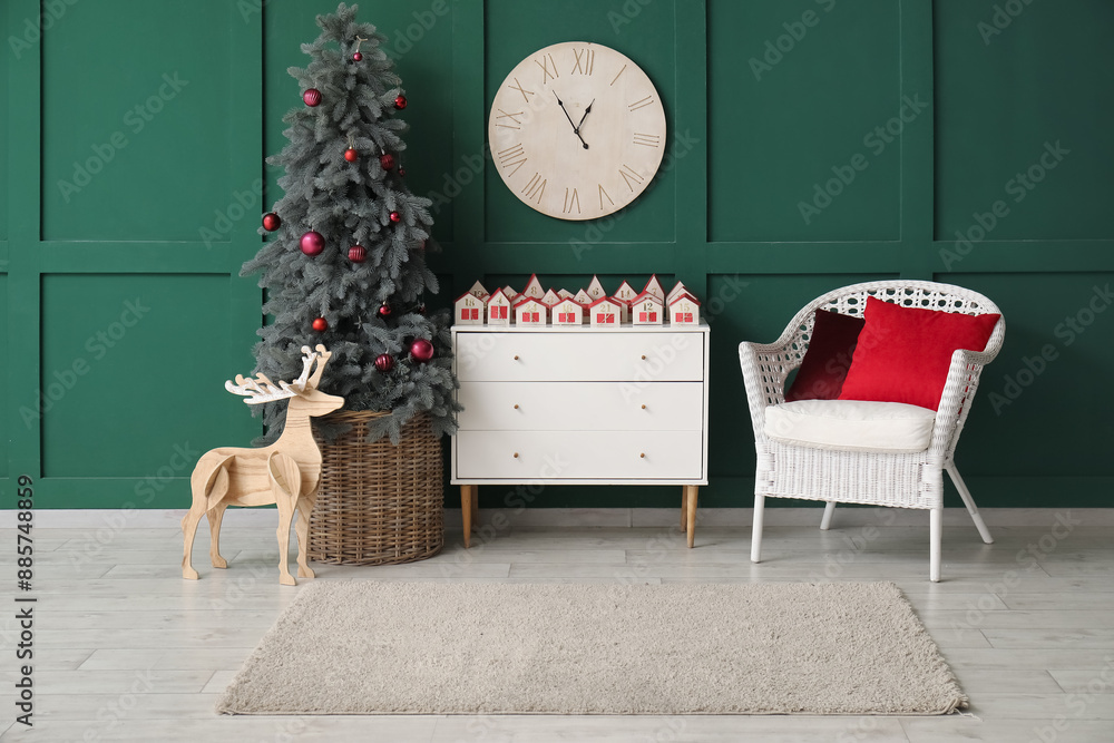 Interior of living room with Christmas tree and advent calendar on commode
