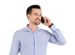 © Pixel-Shot - Handsome businessman in suit talking by mobile phone on white background