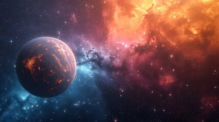  A solar planet surrounded by colorful cosmic dust and twinkling stars