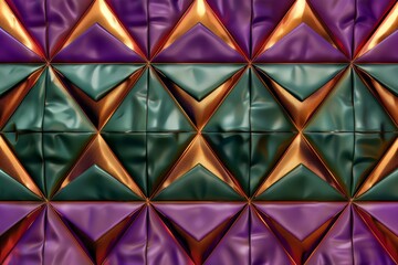 Luxurious abstract geometric pattern with rich green, purple and gold tones, featuring intricate details and a plush texture