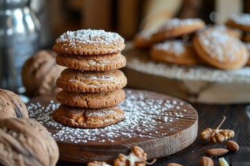 Wall Mural - Stack of freshly baked walnut cookies sprinkled with sugar sits invitingly on a wooden board