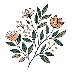 Poster - A stylized botanical design features a sprig with green leaves and pink blossoms.