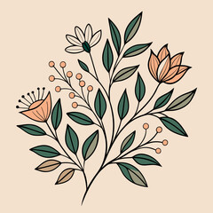 Poster - A stylized botanical design features a sprig with green leaves and pink blossoms.