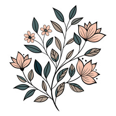 Poster - A stylized botanical design features a sprig with green leaves and pink blossoms.