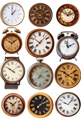 A collection of clocks with different designs and styles displayed on a plain white surface