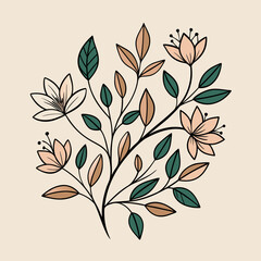 Sticker - A stylized botanical design features a sprig with green leaves and pink blossoms.