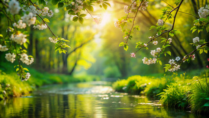 Sunlit Stream in a Spring Forest.