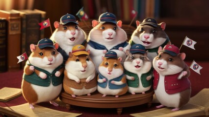 Poster - A group of hamsters in hats and uniforms pose for a picture, AI