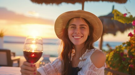 Wall Mural - Smiling_young_woman_in_straw_hat_holding_a_glass_of_red_wine_in_her_hand_generative_ai_high_quality_image