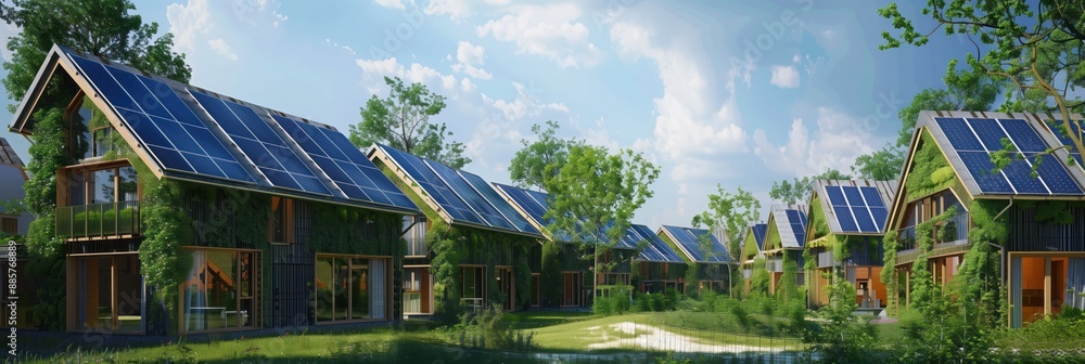 Green houses with solar panels on eco-friendly community, zero carbon ...