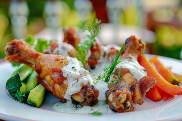 Wall Mural - Grilled chicken drumsticks with white sauce and vegetables on a plate.