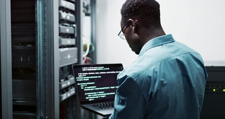 Poster - Laptop, data engineer and black man coding on software for cybersecurity in business with server room. Professional, employee and African male person programming on database with technology online