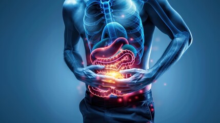 a man is holding his stomach and the stomach is red and inflamed. the image is a representation of t