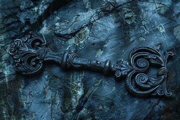 Elegant vintage key with intricate design rests on a rugged, dark stone texture