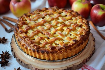 Wall Mural - Freshly baked apple pie with lattice crust, surrounded by apples and spices