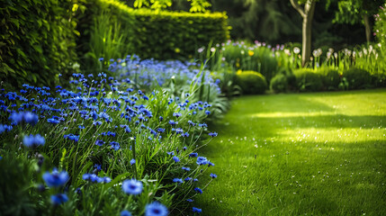 Wall Mural - A beautifully composed photograph of a garden border, adorned with vibrant cornflowers in full bloom