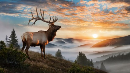 Canvas Print - A large elk standing on a hillside with the sun setting in front of him, AI