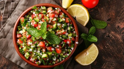 Wall Mural - Freshly Made Tabbouleh Salad. Top View of Classic Middle Eastern or Arabic Traditional Salad.