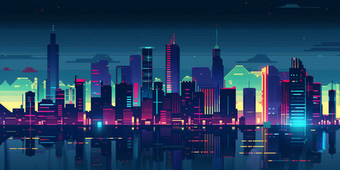 Wall Mural - Pixel art retro wave. panorama of big city. wide banner. Space for text. neon cyberpunk digital 8 16 32 64 bit painting. poster, flyer, banner, email, header, social media post. Generative Ai content