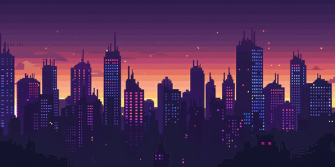 Wall Mural - Pixel art retro wave. panorama of big city. wide banner. Space for text. neon cyberpunk digital 8 16 32 64 bit painting. poster, flyer, banner, email, header, social media post. Generative Ai content