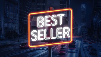 Wall Mural - A neon sign that says best seller in the middle of a city, AI