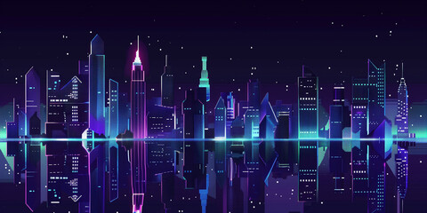 Wall Mural - Pixel art retro wave. panorama of big city. wide banner. Space for text. neon cyberpunk digital 8 16 32 64 bit painting. poster, flyer, banner, email, header, social media post. Generative Ai content