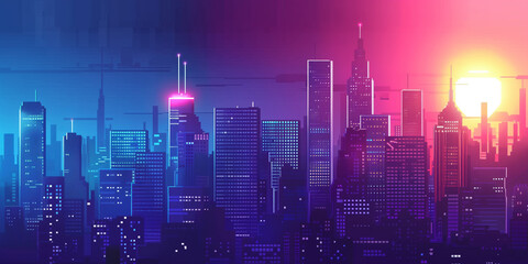 Wall Mural - Pixel art retro wave. panorama of big city. wide banner. Space for text. neon cyberpunk digital 8 16 32 64 bit painting. poster, flyer, banner, email, header, social media post. Generative Ai content