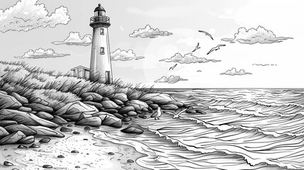 Wall Mural - Serene coastal landscape with lighthouse and flying seagulls