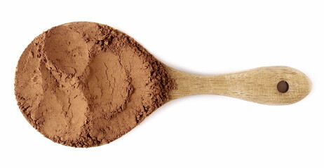 Wall Mural - Pile cocoa powder in wooden spoon isolated on white background